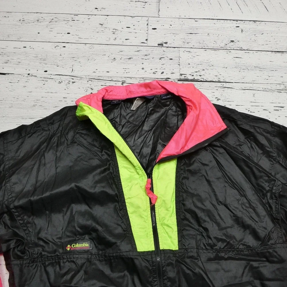 Vintage Columbia Jacket Womens Large Black Neon Nylon Windbreaker Colorblock 90s